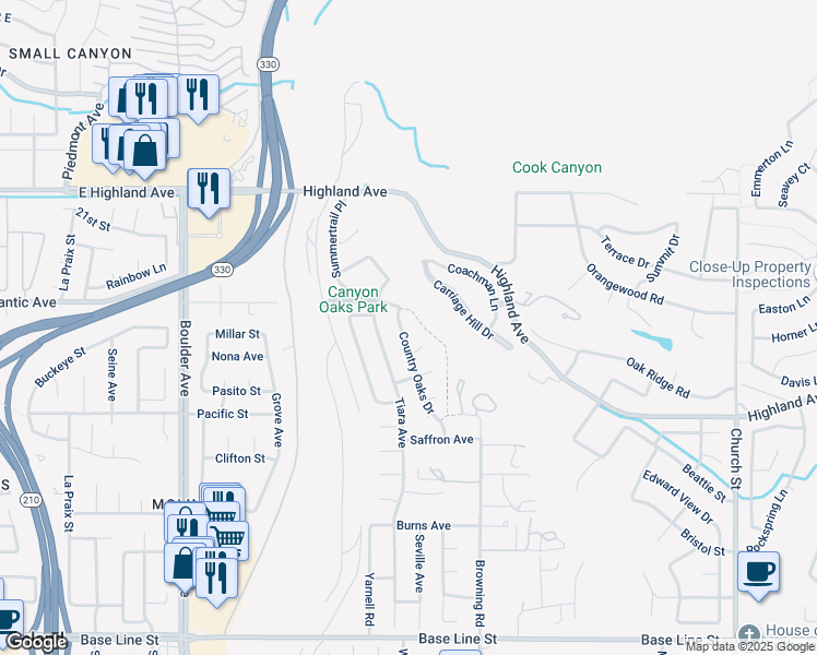 map of restaurants, bars, coffee shops, grocery stores, and more near 6749 Country Oaks Drive in Highland