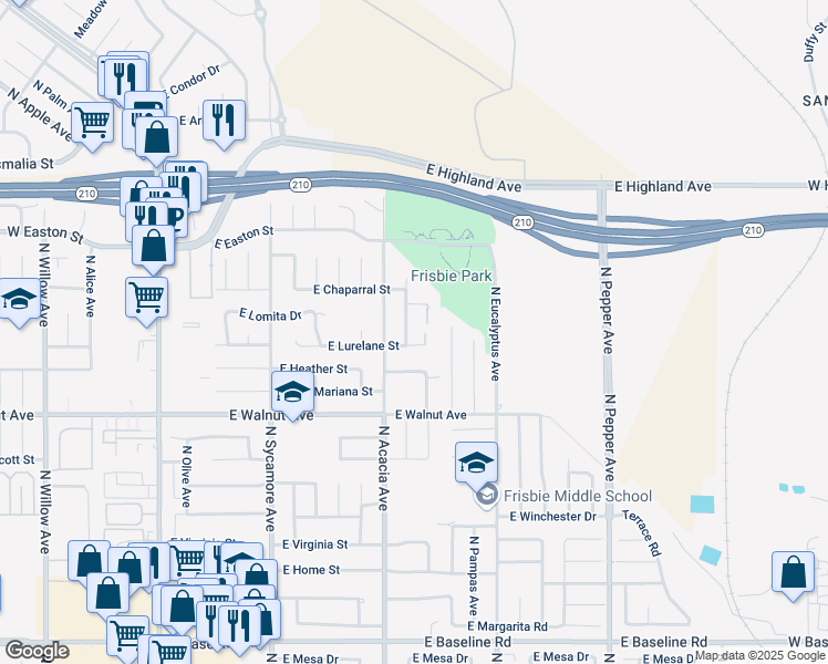 map of restaurants, bars, coffee shops, grocery stores, and more near 578 East Lurelane Street in Rialto