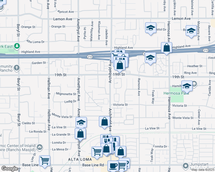 map of restaurants, bars, coffee shops, grocery stores, and more near 6795 Jadeite Avenue in Rancho Cucamonga