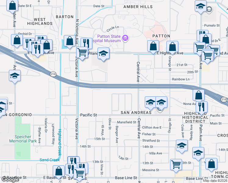 map of restaurants, bars, coffee shops, grocery stores, and more near 3064 Atlantic Avenue in Highland