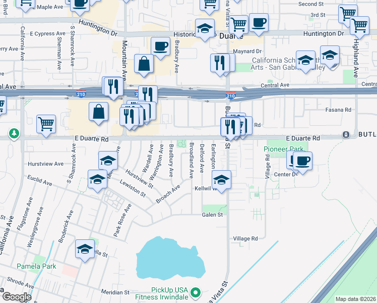 map of restaurants, bars, coffee shops, grocery stores, and more near 1839 Broadland Avenue in Duarte