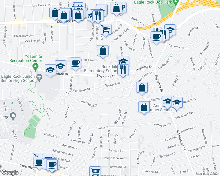 map of restaurants, bars, coffee shops, grocery stores, and more near 1419 Oak Grove Drive in Los Angeles