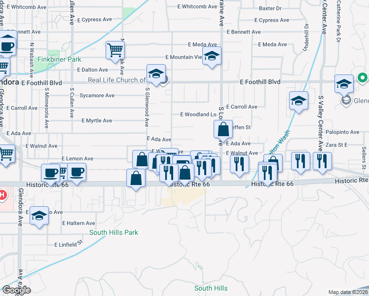 map of restaurants, bars, coffee shops, grocery stores, and more near 956 East Walnut Avenue in Glendora