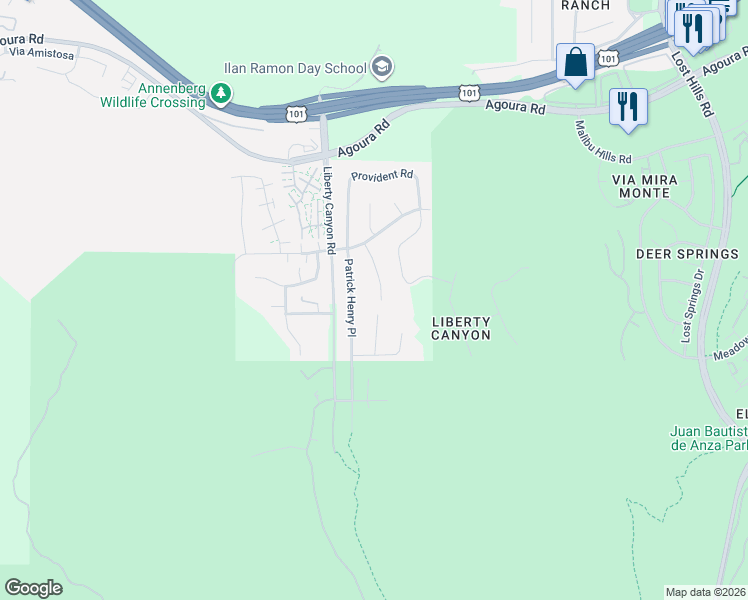 map of restaurants, bars, coffee shops, grocery stores, and more near 3907 United Road in Agoura Hills