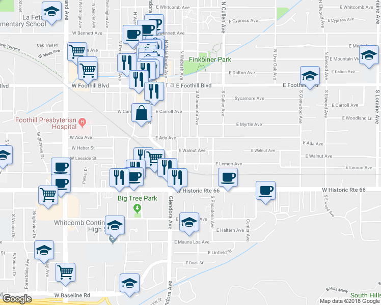 map of restaurants, bars, coffee shops, grocery stores, and more near 408 South Wabash Avenue in Glendora