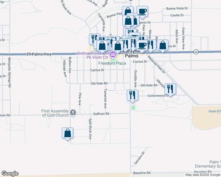 map of restaurants, bars, coffee shops, grocery stores, and more near 73570 Cedar Drive in Twentynine Palms