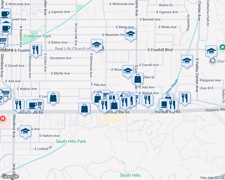 map of restaurants, bars, coffee shops, grocery stores, and more near 925 East Walnut Avenue in Glendora