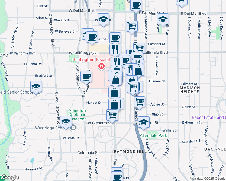 map of restaurants, bars, coffee shops, grocery stores, and more near 905 South Fair Oaks Avenue in Pasadena
