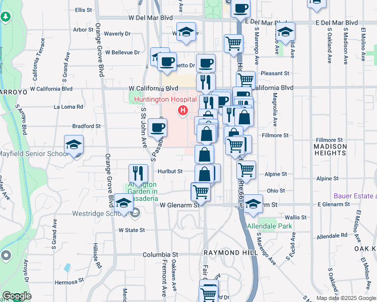 map of restaurants, bars, coffee shops, grocery stores, and more near 50 Bellefontaine Street in Pasadena