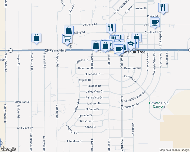 map of restaurants, bars, coffee shops, grocery stores, and more near 61589 El Reposo Street in Joshua Tree