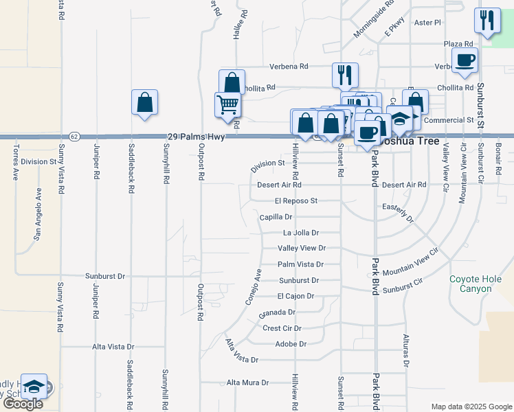 map of restaurants, bars, coffee shops, grocery stores, and more near 61461 El Reposo Street in Joshua Tree