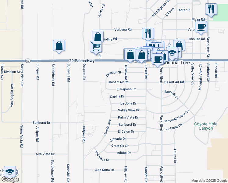 map of restaurants, bars, coffee shops, grocery stores, and more near 61484 Capilla Drive in Joshua Tree