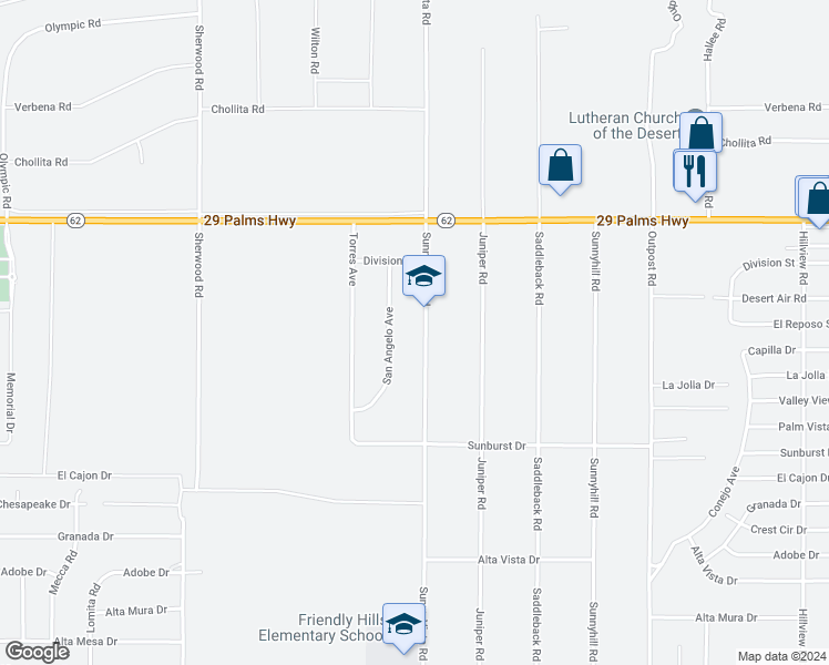 map of restaurants, bars, coffee shops, grocery stores, and more near 6698 Sunny Vista Road in Joshua Tree
