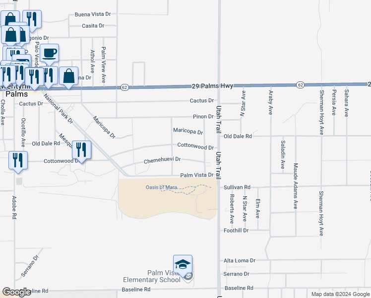 map of restaurants, bars, coffee shops, grocery stores, and more near 74397 Cottonwood Drive in Twentynine Palms