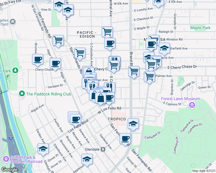 map of restaurants, bars, coffee shops, grocery stores, and more near 1227 South Central Avenue in Glendale