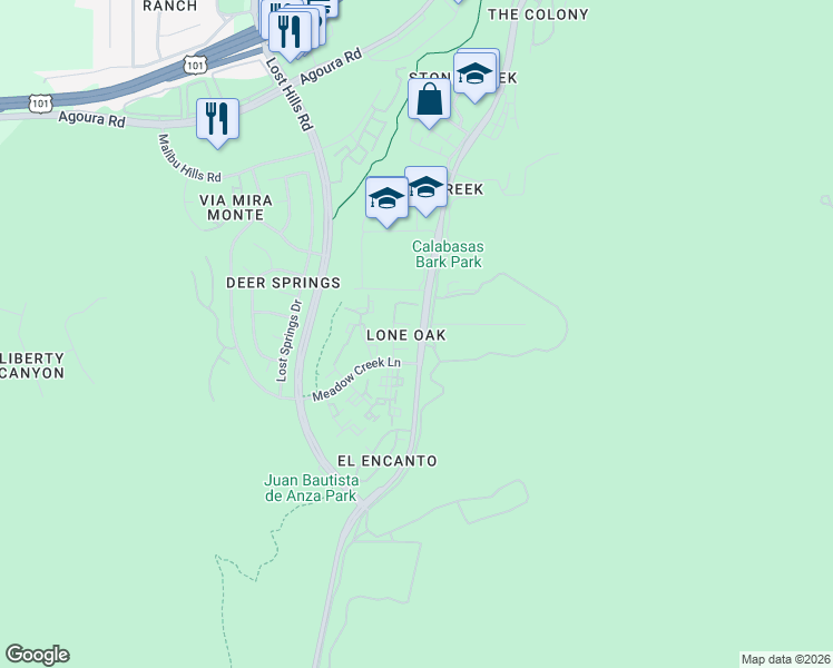 map of restaurants, bars, coffee shops, grocery stores, and more near 26604 Marigold Court in Calabasas