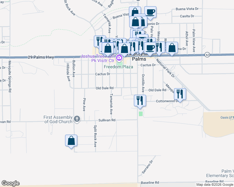 map of restaurants, bars, coffee shops, grocery stores, and more near 73570 Cedar Drive in Twentynine Palms