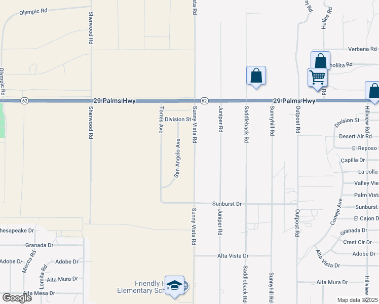 map of restaurants, bars, coffee shops, grocery stores, and more near 6698 Sunny Vista Road in Joshua Tree