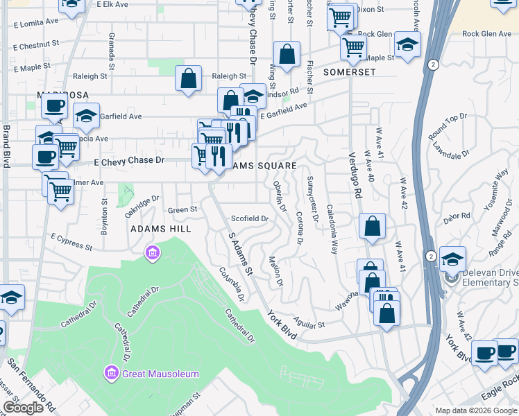 map of restaurants, bars, coffee shops, grocery stores, and more near 1200 Green Street in Glendale