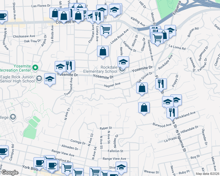 map of restaurants, bars, coffee shops, grocery stores, and more near 1419 Oak Grove Drive in Los Angeles