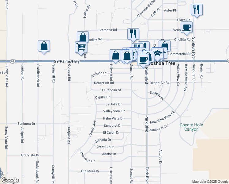 map of restaurants, bars, coffee shops, grocery stores, and more near 61589 El Reposo Street in Joshua Tree