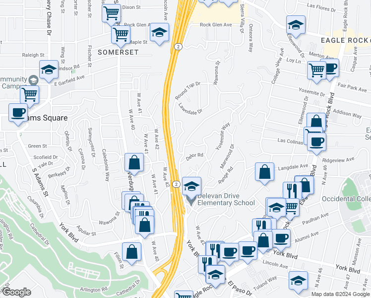 map of restaurants, bars, coffee shops, grocery stores, and more near 4354 Wawona Street in Los Angeles