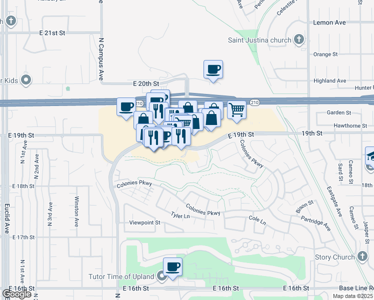 map of restaurants, bars, coffee shops, grocery stores, and more near 1126 East 19th Street in Upland