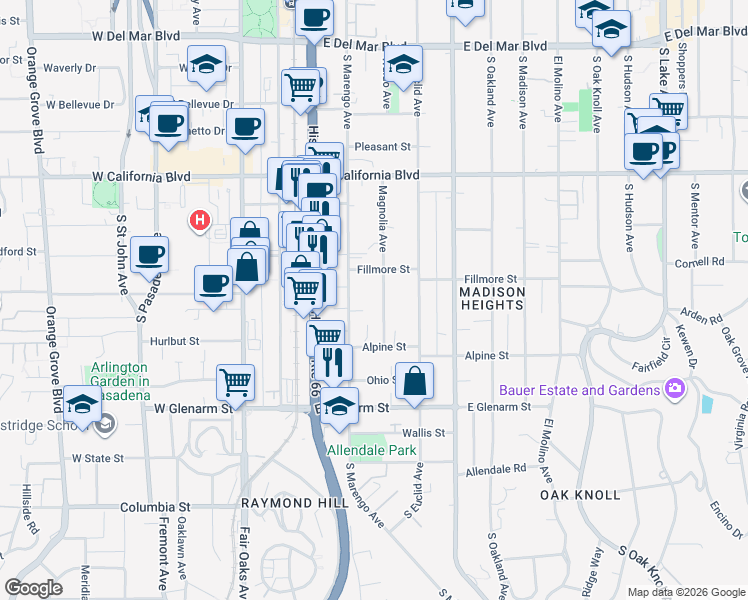 map of restaurants, bars, coffee shops, grocery stores, and more near 837 Magnolia Avenue in Pasadena