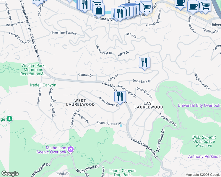 map of restaurants, bars, coffee shops, grocery stores, and more near 3183 Laurel Canyon Boulevard in Los Angeles