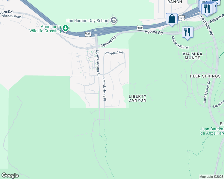 map of restaurants, bars, coffee shops, grocery stores, and more near 3907 United Road in Agoura Hills