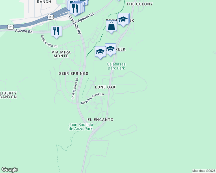 map of restaurants, bars, coffee shops, grocery stores, and more near 26604 Marigold Court in Calabasas
