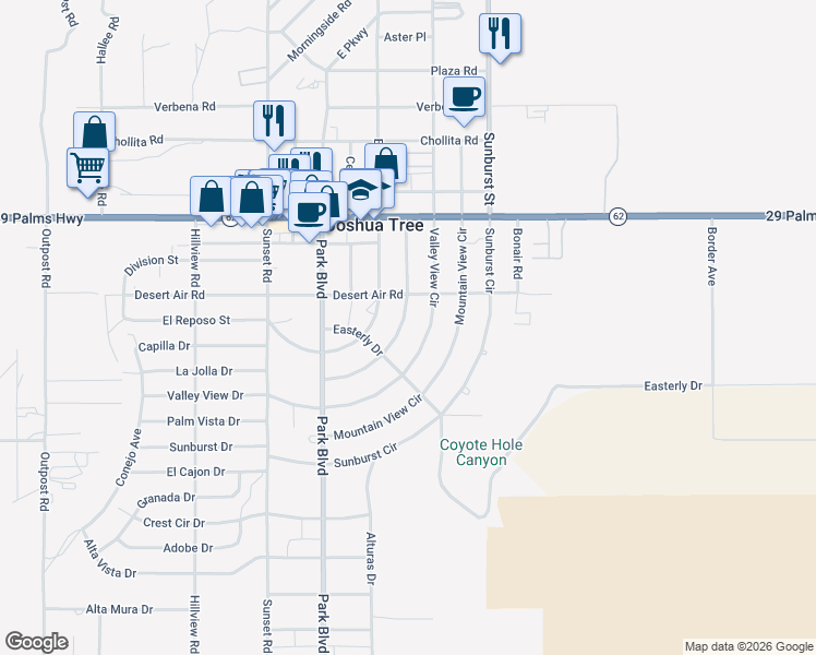map of restaurants, bars, coffee shops, grocery stores, and more near 61945 Grand View Circle in Joshua Tree