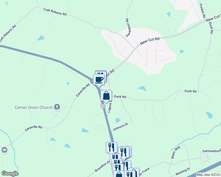 map of restaurants, bars, coffee shops, grocery stores, and more near 264 Lagree Duck Road in Braselton