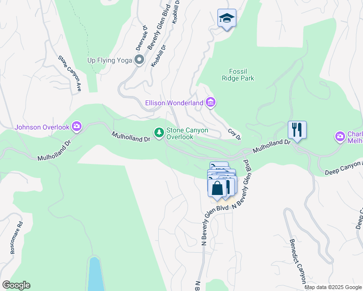 map of restaurants, bars, coffee shops, grocery stores, and more near 14445 Mulholland Drive in Los Angeles