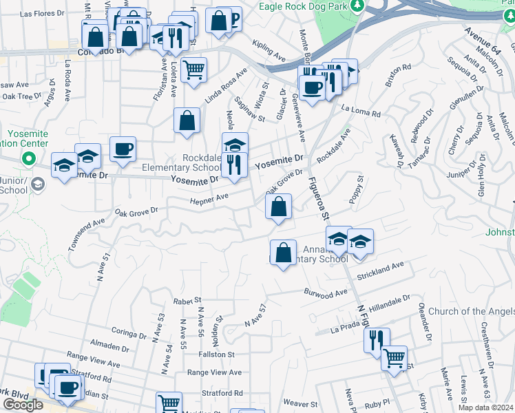 map of restaurants, bars, coffee shops, grocery stores, and more near 1190 Oak Grove Drive in Los Angeles