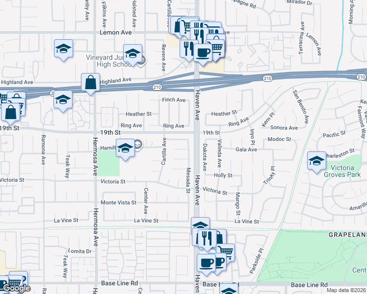 map of restaurants, bars, coffee shops, grocery stores, and more near 10456 Hamilton Street in Rancho Cucamonga