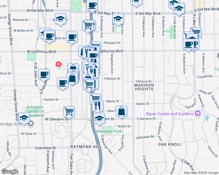 map of restaurants, bars, coffee shops, grocery stores, and more near 837 Magnolia Avenue in Pasadena