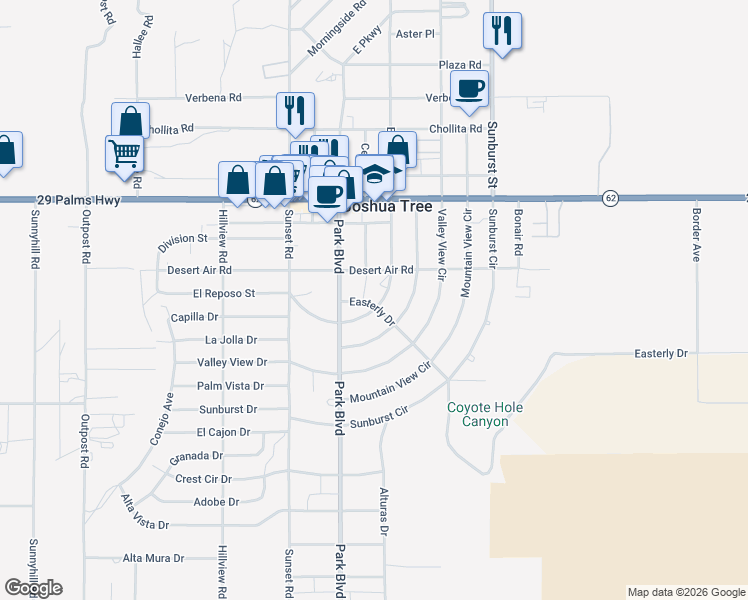 map of restaurants, bars, coffee shops, grocery stores, and more near 16890 El Reposo Circle in Joshua Tree