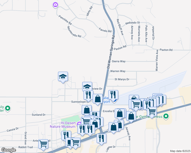 map of restaurants, bars, coffee shops, grocery stores, and more near 12345 Yucca Vista Avenue in Yucca Valley