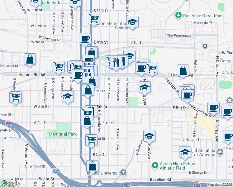 map of restaurants, bars, coffee shops, grocery stores, and more near 543 North Soldano Avenue in Azusa
