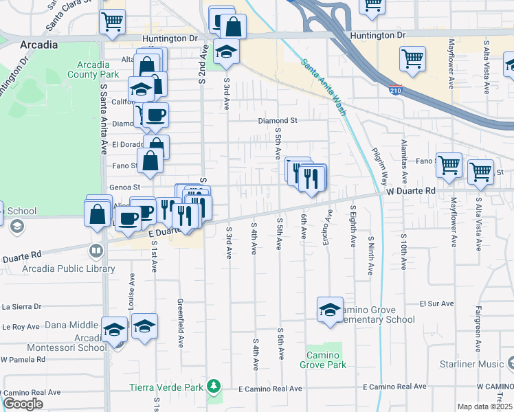 map of restaurants, bars, coffee shops, grocery stores, and more near 407 East Duarte Road in Arcadia
