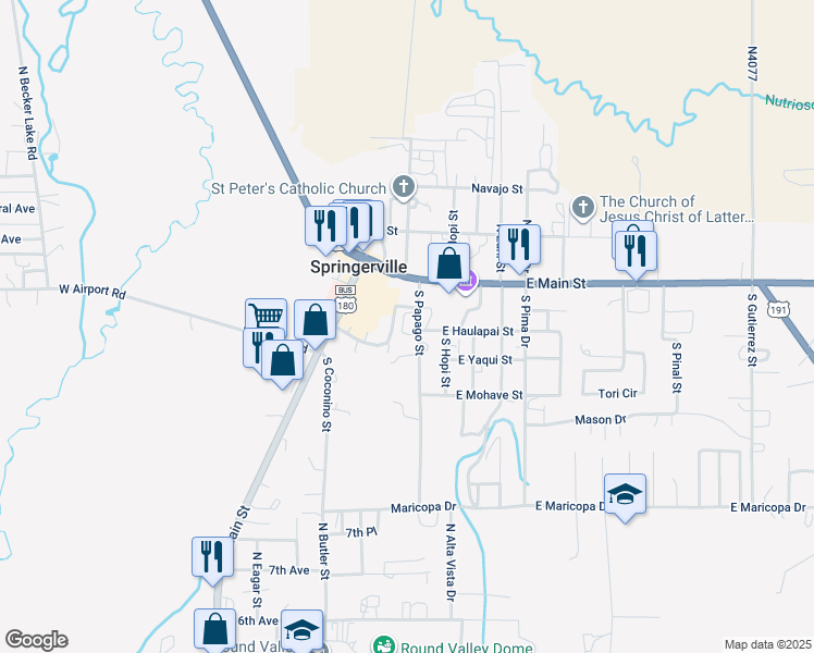 map of restaurants, bars, coffee shops, grocery stores, and more near 239-241 S Papago St in Springerville