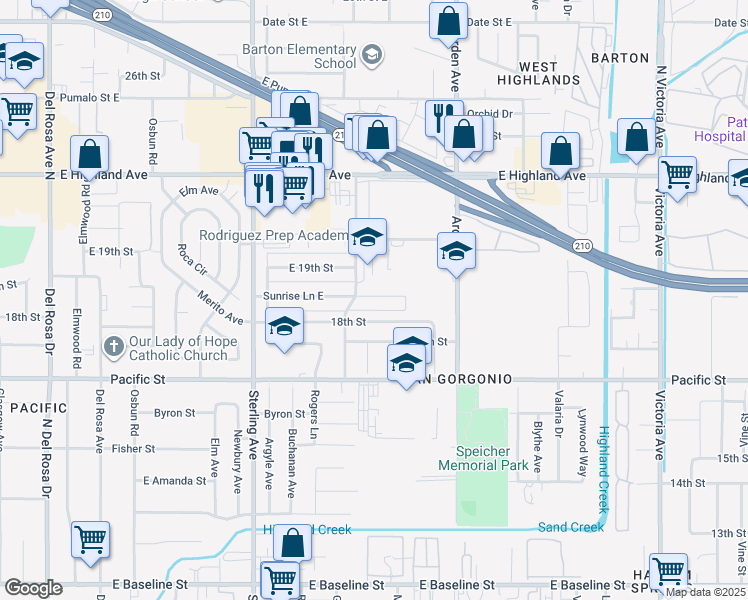 map of restaurants, bars, coffee shops, grocery stores, and more near 2242 18th Street in San Bernardino