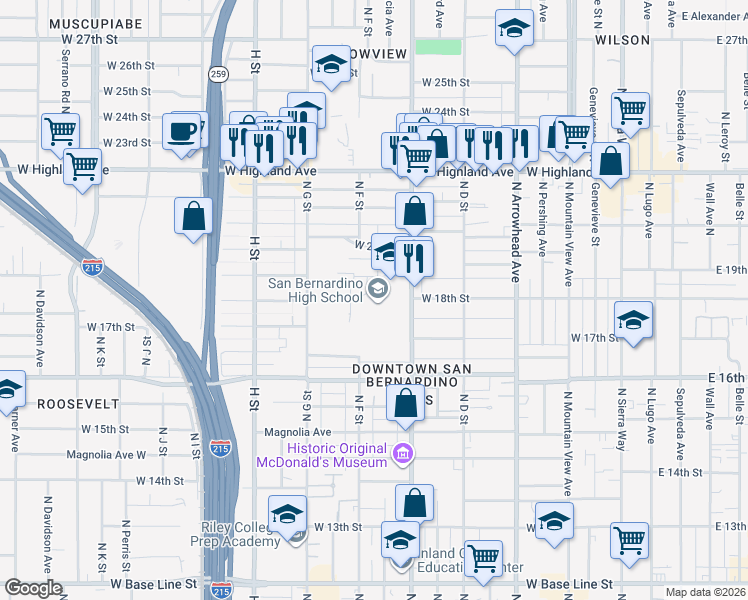 map of restaurants, bars, coffee shops, grocery stores, and more near 1850 North E Street in San Bernardino