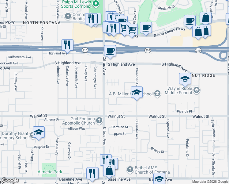 map of restaurants, bars, coffee shops, grocery stores, and more near 6767 Winter Night Court in Fontana