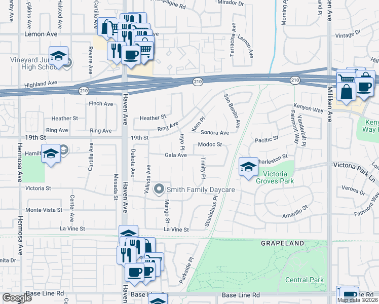 map of restaurants, bars, coffee shops, grocery stores, and more near 10773 Gala Avenue in Rancho Cucamonga