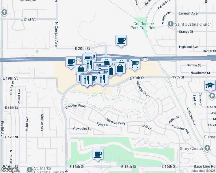 map of restaurants, bars, coffee shops, grocery stores, and more near 1126 East 19th Street in Upland