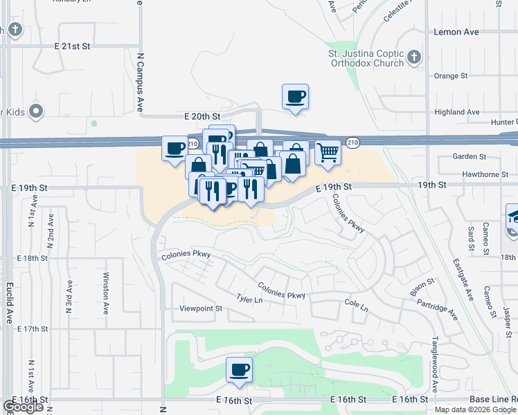map of restaurants, bars, coffee shops, grocery stores, and more near 1126 East 19th Street in Upland