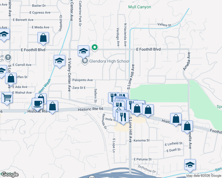 map of restaurants, bars, coffee shops, grocery stores, and more near 346 South Cimmeron Trail in Glendora