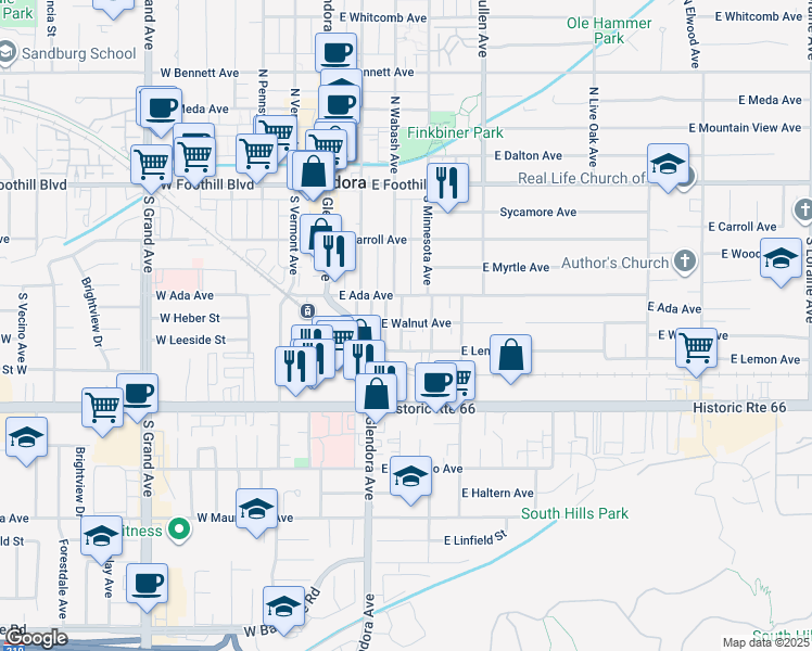 map of restaurants, bars, coffee shops, grocery stores, and more near 418 South Wabash Avenue in Glendora